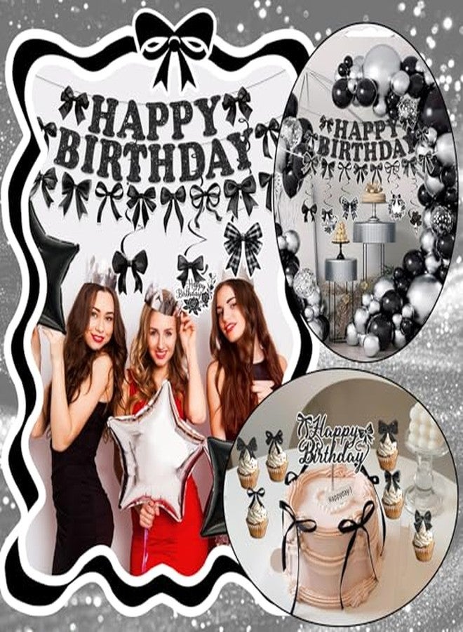 Bolake Black Bow Birthday Party Decorations Girl Bow Themed Party Decorations Include Happy Birthday Banner Hanging Swirls Balloons Cake Toppers for Girls Baby Shower Bridal Shower Bachelorette Party Decor - Image 4